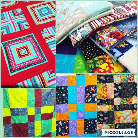 A collage of images that include a varying display of multicoloured patchwork blankets.