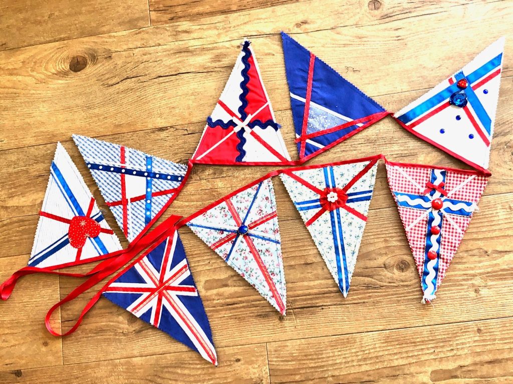 Image of decorative red, blue and white patterned bunting