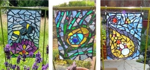 3 different coloured garden mosaics created with glass
