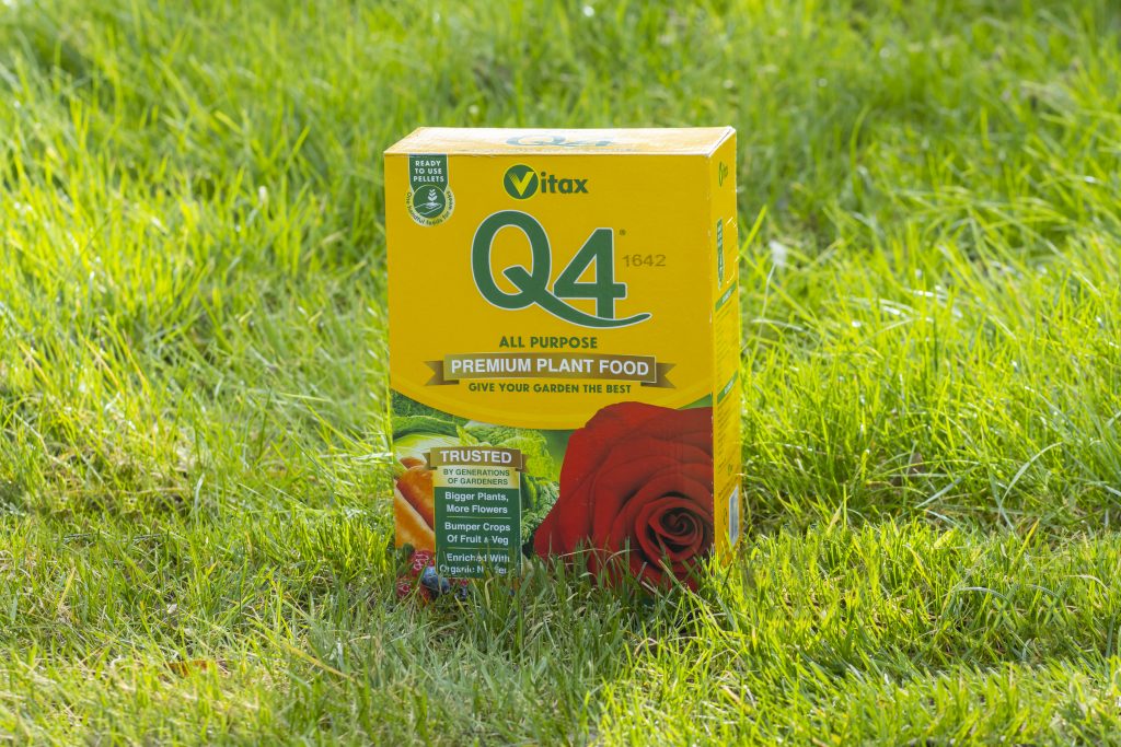 Image of yellow Q4 all purpose premium plant food on green lawn.