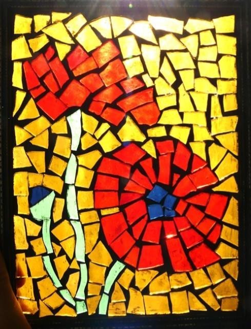 Mosaic artwork of red flowers to create a suncatcher