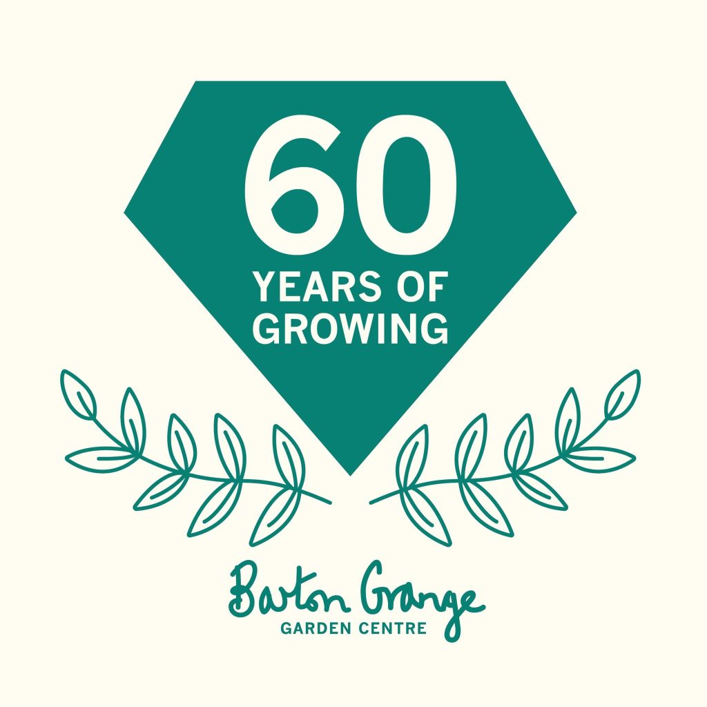 '60 years of growing' written in a diamond shape with green leaves below