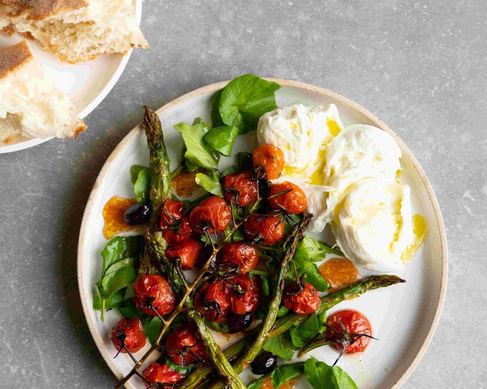 Image of roasted tomato and asparagus salad on plate