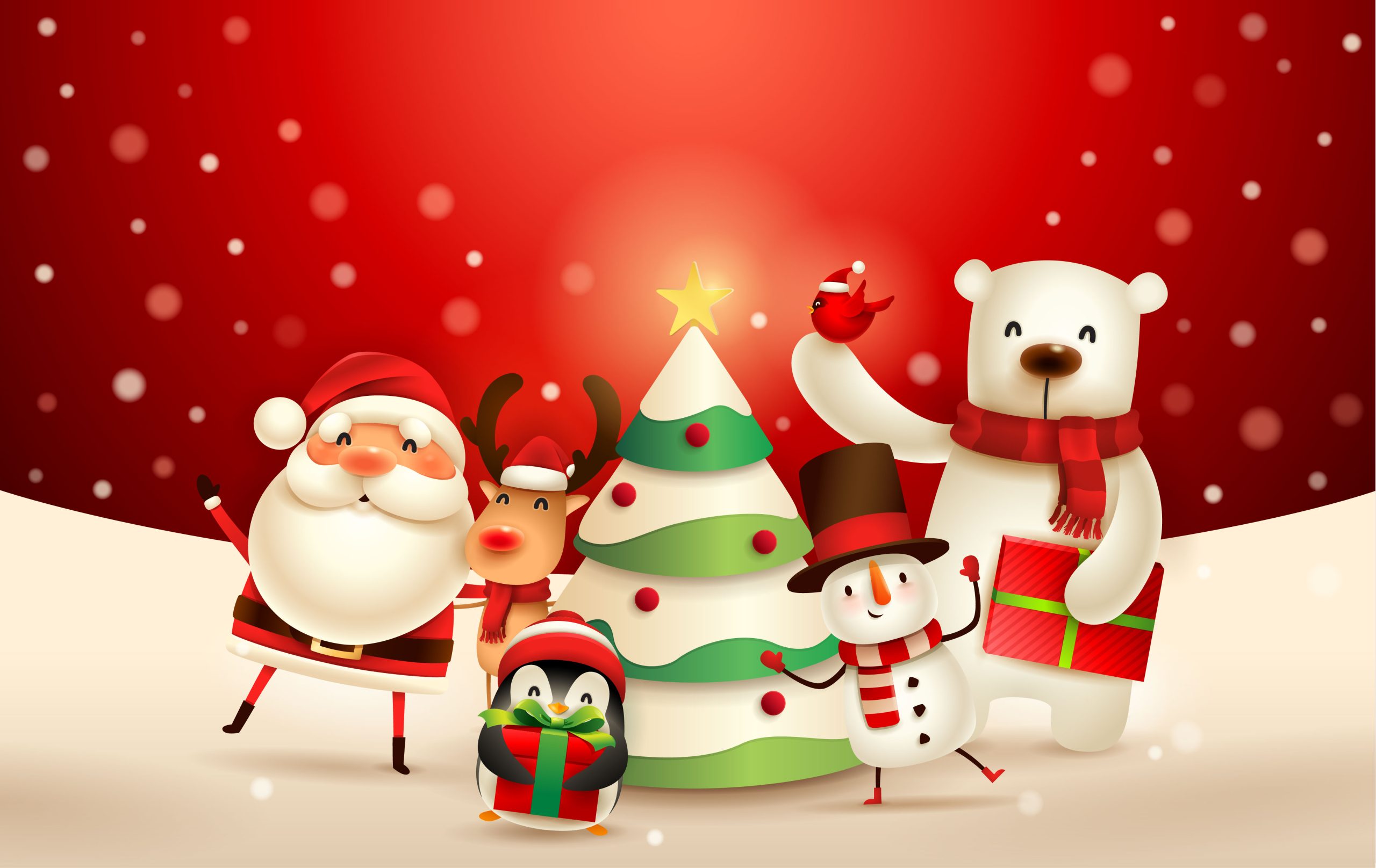 Cartoon Christmas characters including Santa, elf, reindeer, penguin, snowman and polar bear around a Christmas tree